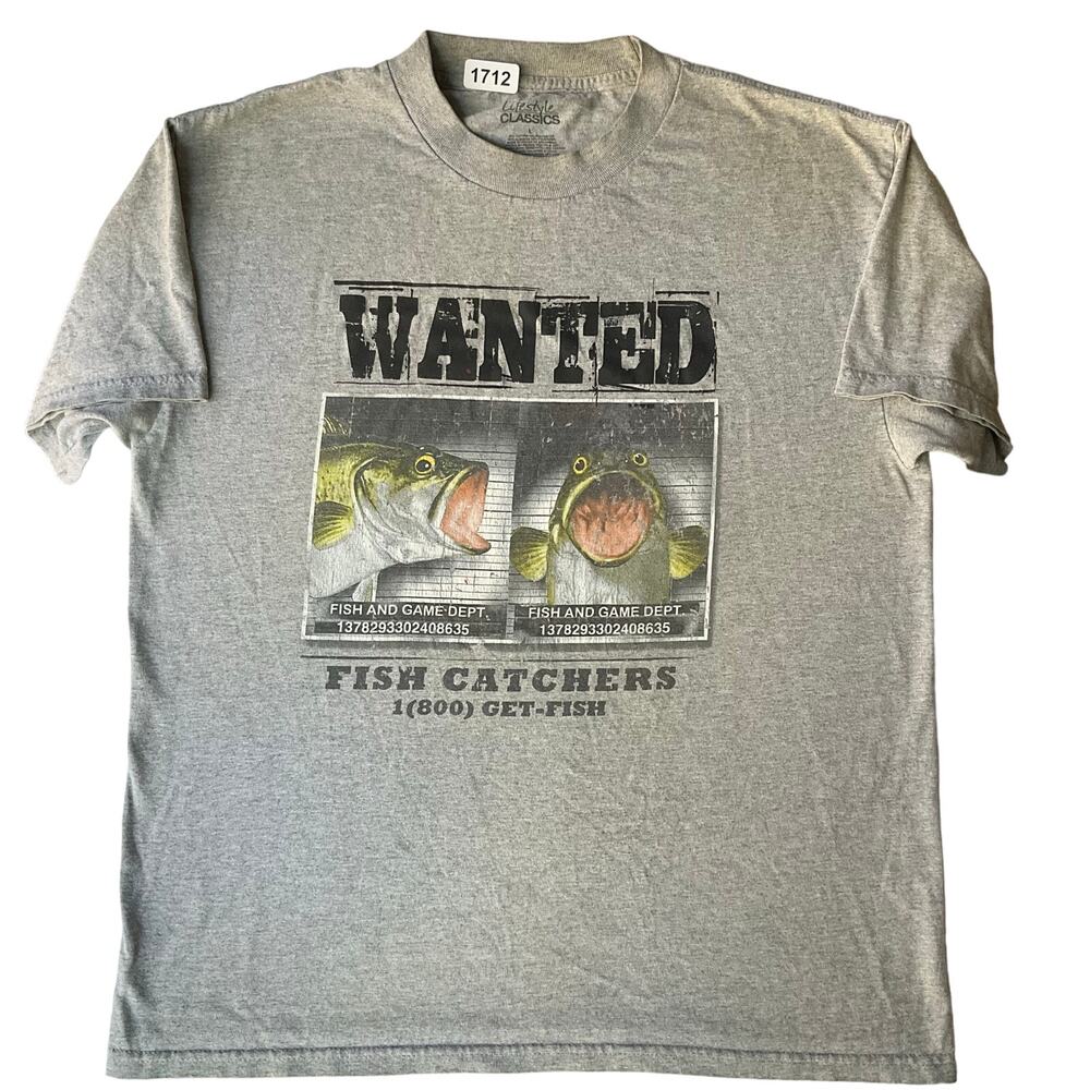 Lifestyle Classics Men’s Short Sleeve T-shirt size L, Gray, Wanted Fish Catchers